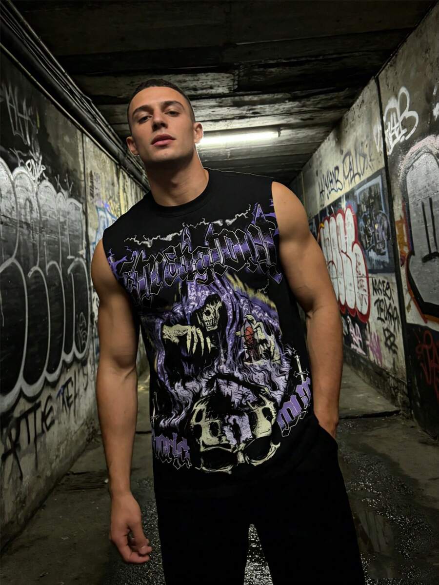 Men's Wide Shoulder Dark Sleeveless Tank Top, Round Neck Polyester Knit Fabric, Suitable For Summer Sports Training Basketball Jersey - Black - View 1