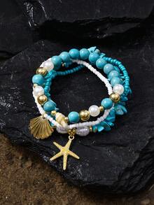 Opalesca 3pcs/Set Islandy Turquoise Natural Seashell Beaded Bracelet With Metal Starfish & Shell Pendant, Suitable For Women Daily Use And Beach Party - Blue - View 1