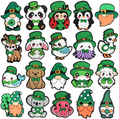 20个塑料圣帕特里克节主题鞋饰，小动物戴帽子设计，三叶草小妖精造型鞋饰，适合作为派对鞋饰小礼物