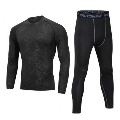Home Workout Clothes Men's Autumn and Winter Fleece-Lined Thermal Suit Tights Running Quick Drying Clothes Long Sleeve Sports Outdoor