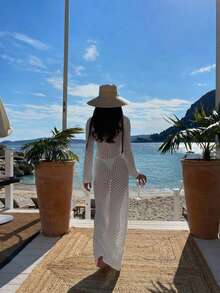 Women's New Crew Neck Long Sleeve Ribbed Cuffed Semi-Sheer Slim-Fit Pullover, Fashionable Casual Vacation Beach Party Knit Sweater Dress, Spring And Summer - White - View 5