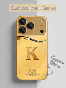 1pc Customized 26 Letters & Name, Business Gold 2026 Pattern High-Definition Gold Electroplated Glass Phone Case Suitable Compatible With Apple 17 Pro Max/16 Pro Max/15/14 Plus/13 Pro/12 Pro Max/11/Xs Max/8/7/6 Plus Phone Accessories - Gold - View 4