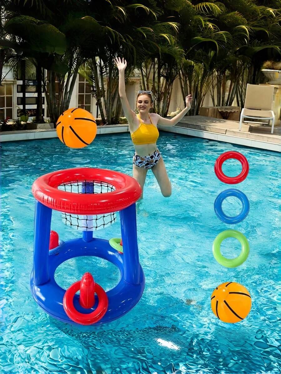 5pcs Convenient Pool Party Inflatable Basketball Hoop Set, Inflatable Water Basketball Hoop With Ball, Fun Pool Games And Toys, Suitable For Adult Family Entertainment, Outdoor Leisure, Summer Party, Beach, Lake, Water - Multicolor - View 1
