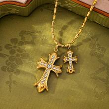 1件18K镀金不锈钢十字架吊坠，镶嵌立方氧化锆，风格百搭优雅奢华，适合情侣日常佩戴及派对场合，材质经典，设计简约，品质上乘。 - 金色 - 查看 5