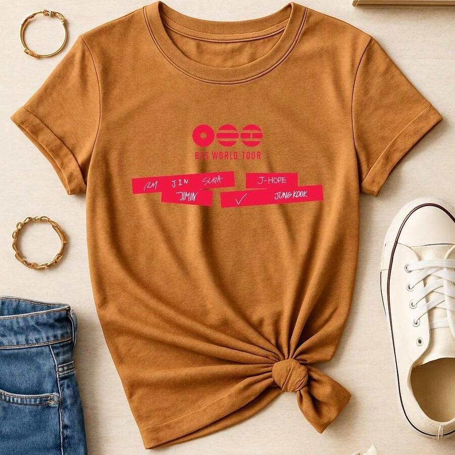 Tour 2026 Show T-Shirt, Basic Cotton Short Sleeve Kpop Korean Unisex Premium Top, Various Colors - Camel - View 1