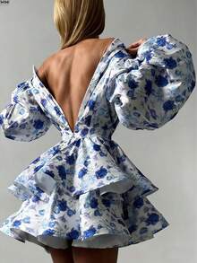 Solstice Apparel Blue Rose Print Backless Mini Dress, Layered Ruffle V-Neck Puff Sleeve Dress, Romantic Elegant Style, Suitable For Weddings, Garden Parties, Beach And Music Festivals, Spring/Summer - Blue - View 2