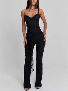 Sexy & Fashionable Versatile Hollow Lace & Ribbon Design Adjustable Strap Jumpsuit, Suitable For Spring/Summer Vacation Wear - Black - View 5