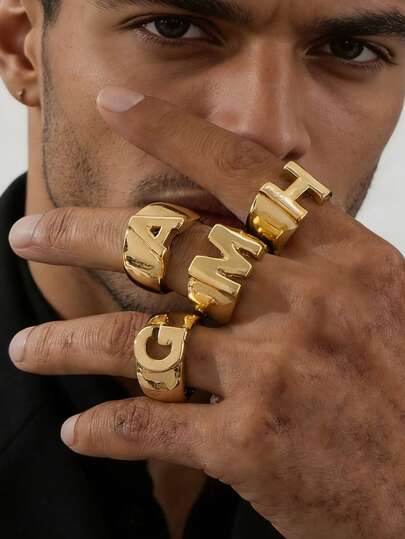 סט טבעות לגברים ממתכת עבה עם אותיות תלת מימדיות בהתאמה אישית, מתאים ללבישה יומיומית ברחוב, תכשיטים עבים, מתנות ולנטיין לחבר