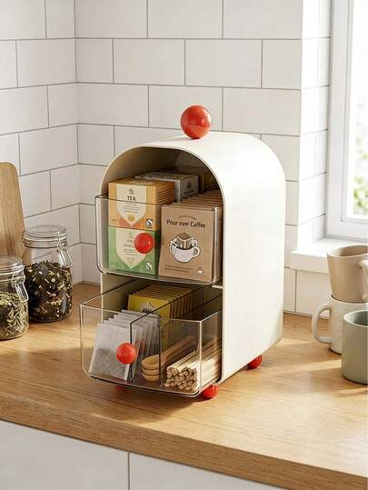 双抽屉塑料咖啡袋收纳盒，小型茶包整理盒，带可爱圆形提手，透明抽屉式收纳盒，适用于橱柜、台面、厨房、咖啡角、办公桌，胶囊咖啡收纳架