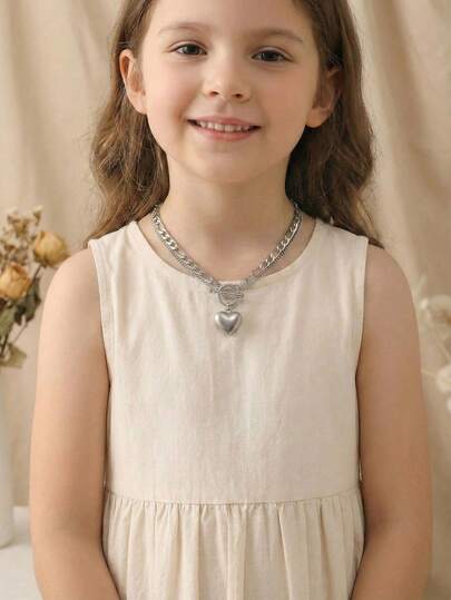 1件时尚心形吊坠不锈钢项链，适合青少年、男孩、女孩、朋克、嘻哈、街头风格、日常佩戴