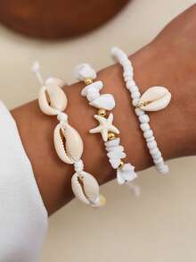 3pcs/Set Seashell & Starfish Handmade Braided Rope Bracelet With Beads & Stones, Adjustable, Suitable For Women Everyday And Travel Wear - White - View 5