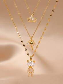 GEREIT 2/3pcs Minimalist Gold Chain Crown & Bear Pendant Necklace Set, Ramadan Gift, Minimalist Design, Suitable For Mother's Day And Daily Wear - Multicolor - View 5
