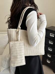 2026新款乡村风多功能女士单肩包，中号两件套度假编织手提包。钱包。休闲大容量手提包，草编包，沙滩包，轻松 - 米色 - 查看 3