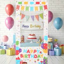 1 peça de moldura para fotos com balões coloridos, confete e caixas de presente de aniversário. Tamanhos: 120*60/180*90/210*105 cm. Ideal para fotos e decoração de festas de aniversário, tanto em ambientes internos quanto externos. - Multicolorido - Ver 8
