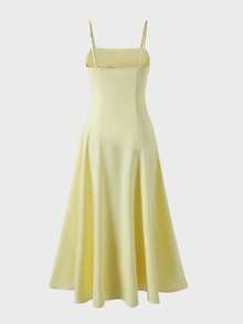 Linen Casual Vacation Dress, Solid Color Slim Fit Linen Spaghetti Strap Dress For Beach Travel Elegant Summer - Yellow - View 8