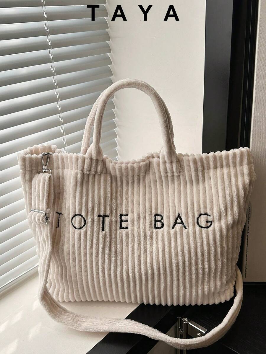 The New Retro-Chic Corduroy Hand Tote Bag Features A Hook And Loop Closure, Boasts A Lightweight And Minimalist Design, And Is Adorned With Letter Detailing. It Comes With An Adjustable Long Shoulder Strap, Making It A Soft-Textured Small-Capacity Crossbody Bag. Ideal For Women's Daily Leisure, Commuting, Work, Vacation And Student Use.