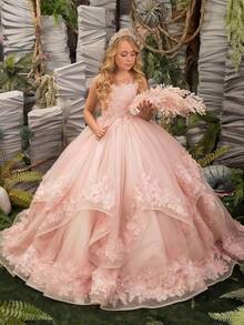 Elegant Sweetie Princess Sleeveless Flower Girl Dresses Appliques  Tulle Pageant Dresses For Girls Kids Party Ball Gowns,First Communion Dress,Tween Girls Princess Dress,Birthday,Wedding Or Photoshoot Outfit,Dance Performance Dress,Piano Performance Dress,Perfect For Shows,Birthday Parties,Vacations,Pageant,Prom Dress - 淺藍色 - 查看 3