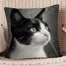 1Pc Vintage Black And White Cat Pattern Throw Pillow Covers - 17.7*17.7 Inches, Single-Side Print, Machine Washable With Zipper, Soft Comfortable Polyester Fabric Cushion Covers, Suitable For Various Room Decorations (Pillow Insert Not Included) - Multicolor - View 1