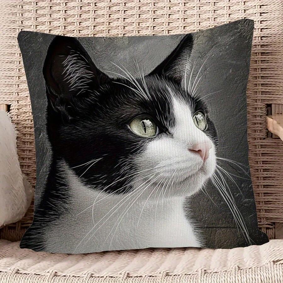 1Pc Vintage Black And White Cat Pattern Throw Pillow Covers - 17.7*17.7 Inches, Single-Side Print, Machine Washable With Zipper, Soft Comfortable Polyester Fabric Cushion Covers, Suitable For Various Room Decorations (Pillow Insert Not Included) - Multicolor - View 1