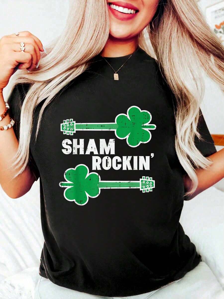 100% Cotton St Patricks Day Guitar Shamrockin Irish Rocker Boys Kids Men T-Shirt Women's Men's Graphic Tee Comfort Crew Neck Summer Vacation Tops - màu đen - Xem 1