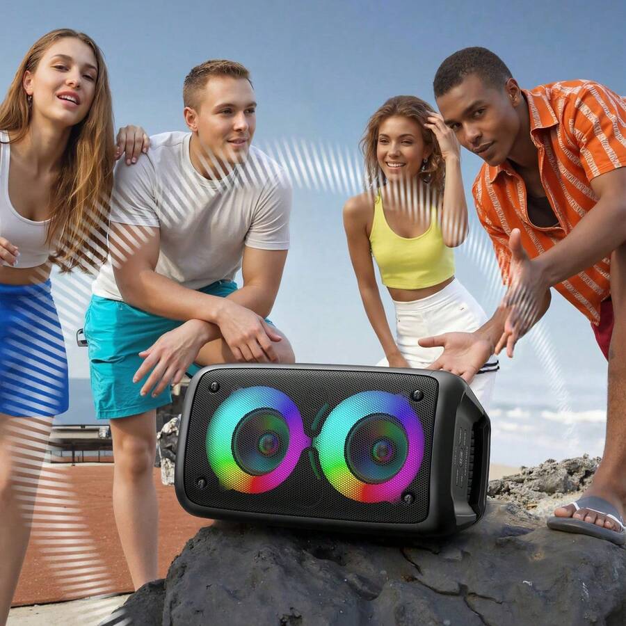 Wireless Speaker With Subwoofer, Large Boombox Speaker, Stereo Speaker, Subwoofer, Outdoor Wireless Speaker, Party Disco Light, TWS, TF, Optional MIC - 黑色升級版本 - 查看 1
