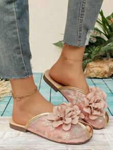 1双女童夏季新款优雅3D立体花朵装饰平底凉鞋，适合休闲和正式场合，鞋面采用雪纺花朵和网纱刺绣，可爱易穿，适合2-15岁女孩和儿童，夏季郊游、海滩、秋季、度假、派对、返校和假期穿着。 - 橘色 - 查看 5