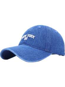 1pc New York 08 Embroidered Baseball Cap, Unisex, Washed Denim Soft Crown Curved Brim Hat - Multicolor - View 2