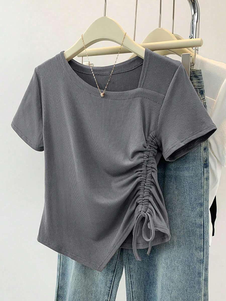 Áo thun ngắn tay có dây rút thiết kế bất đối xứng mới cho mùa hè, kiểu dáng thường ngày. - Xám - Xem 1