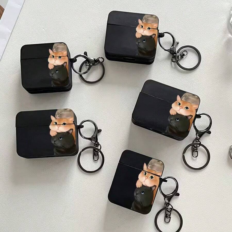 Cat-Themed Anti-Drop Protective Case Compatible With Apple Bluetooth Earphones, Suitable Compatible With Apple Bluetooth Wave Earphone Case, Scratch-Resistant And Anti-Fall - Black - View 1
