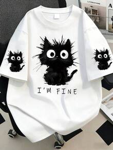 Plus Size Women's Cute Cat Print Round Neck T-Shirt, Suitable For Summer Vacation, Valentine's Day, Carnival, Mother's Day Gift. Suitable For Daily Wear, Outing, Festivals, Beach, Party, Birthday, Beach, Gathering, School, Music Festival, Vacation, Commuting, Fitness, Wedding, Summer Top, Spring Top, Women's Summer Casual White - White - View 1