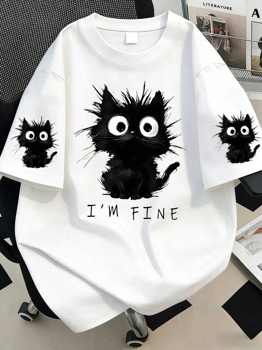 Plus Size Women's Cute Cat Print Round Neck T-Shirt, Suitable For Summer Vacation, Valentine's Day, Carnival, Mother's Day Gift. Suitable For Daily Wear, Outing, Festivals, Beach, Party, Birthday, Beach, Gathering, School, Music Festival, Vacation, Commuting, Fitness, Wedding, Summer Top, Spring Top, Women's Summer Casual White - White - View 1