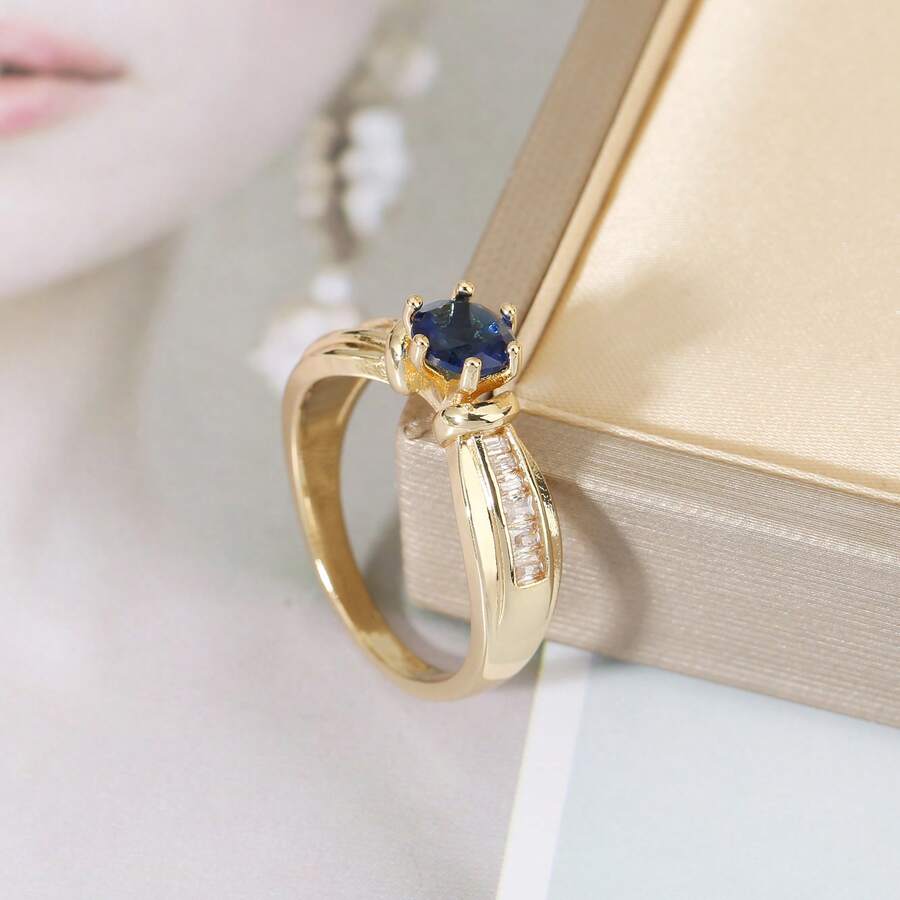 1枚金色圆形蓝色立方氧化锆和长方形氧化锆戒指，日常派对饰品