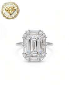 1枚女士订婚戒指，长方形月光石钻石戒指，2.5克S925纯银，2克拉莫桑石，波西米亚/宫廷风格，完美适用于订婚、求婚、结婚纪念日、情人节礼物。附赠莫桑石证书和精美礼盒包装。 - 銀色 - 查看 9