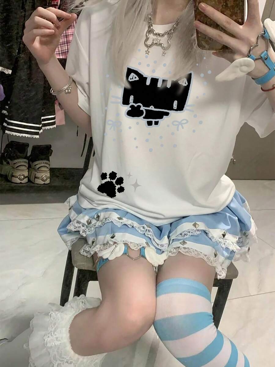 可爱Y2K风格像素猫爪印花短袖T恤，洛丽塔宽松百搭半袖 - 白色 - 查看 1