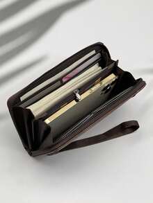 HOVI'S Men Long Wallet Retro Brown Pebbled PU Leather - Zipper Closure Detachable Wrist Strap Large Capacity Phone & Card Holder Business Casual New Year Gift Valentine's Day Gift - Brown - View 7