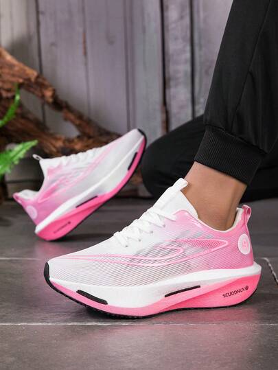 1 Pair Women's High Elastic Thick Sole Casual Sports Shoes, Pink Sporty Running Shoes, Jogging Shoes, Road Running Shoes, Macaron Color Walking Shoes