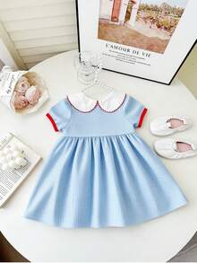 Toddler Girls' Peter Pan Collar Ruffle Hem Short Sleeve Heart Print Dress, Elegant & - Blue - View 3