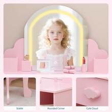 Tocador Infantil para Niñas con Espejo con Luz LED y Taburete, Mesa de Maquillaje con Brillo Ajustable, Cajón y Estantes de Almacenamiento, Regalo para Niñas de 3 a 9 Años - Rosa - Ver 5