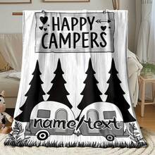1pc Personalized Camping Blanket - Custom Name/Text, Soft Lightweight Flannel Throw With Happy Campers, Pine Trees & Vintage Trailers - For Home, Camping, Gifts - Birthday, Anniversary, Housewarming Present - All-Season Cozy Decor, Outdoor Essentials, Playful Design, Durable Material, Home Decorators - White - View 2