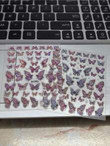 2片珠光玫瑰蝴蝶美甲贴纸，优雅蝴蝶可爱活泼美甲贴花 - 彩色 - 查看 7