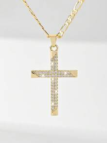 1pc Classic European Style Copper Inlaid Zirconia Cross Pendant Necklace, Limited Edition "Light Of The Guardian", Suitable For Christmas, Thanksgiving, Halloween, Mother's Day, Valentine's Day, Friends, Church Members, First Holy Communion, Gift, Daily Wear And Prayer - Yellow Gold - View 1