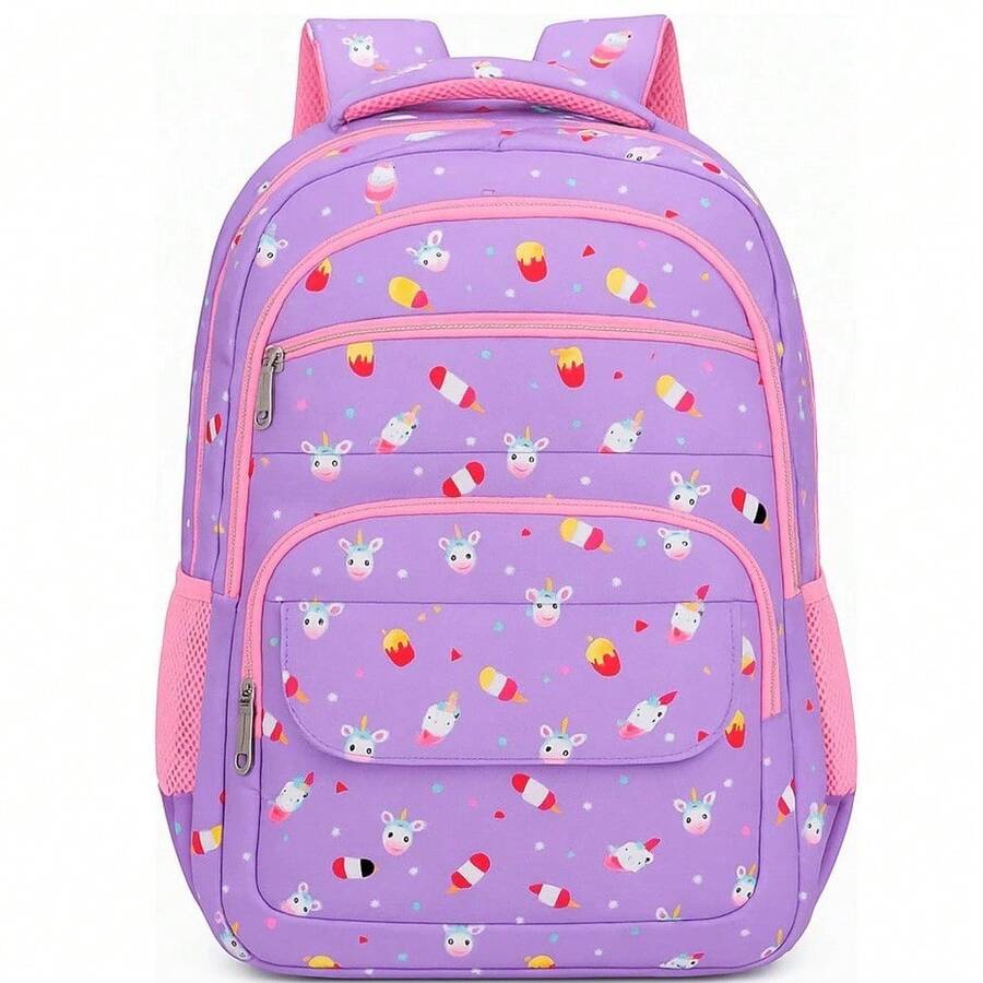 Girls' School Backpack, Reinforced Polyester Youth Bag - YT-8956 Purple With Design - View 1