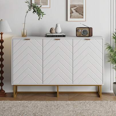 Aparador Moderno de 120cm con Puertas de Diseño en Espiga, Armario de Almacenamiento de Madera, Consola Elegante para Comedor,