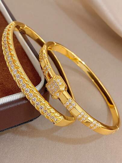 18K Gold Plated Anti-Fading Luxury Elegant Pave Zirconia Textured Glamour Bangle Bracelet Set For Women, Mom Gift Christmas Carnival Winter Jewelry Wedding Rave/Prom/Party/Daily Accessories Gift For Anniversary Valentine's Day Boho Jewelry Birthday Bridesmaid Gifts