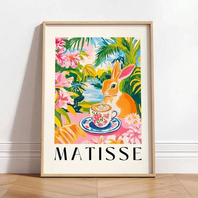 1件，帆布墙画，带框墙饰，兔子咖啡图案，趣味厨房艺术，马蒂斯风格，复活节兔子图案，可爱复活节兔子，现代时尚春花复活节兔子儿童房墙饰，复活节可打印复古装饰，兔子艺术，温馨农舍艺术，春季海报，复活节海报，房间装饰美学，宿舍装饰，卧室装饰，客厅装饰，浴室装饰，厨房装饰，餐厅装饰，公寓装饰，节日礼物