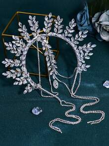 1件装奢华闪亮水钻皇冠头箍发饰长流苏女士婚礼头带 - 銀色 - 查看 5