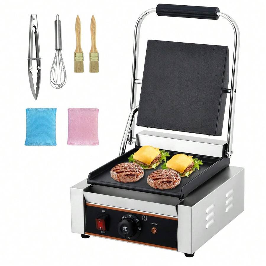 Parrilla comercial para panini YS-811: superficie de cocción plana de 23 x 23 cm, 1800 W, 110 V (enchufe estadounidense de 1,3 m), control de temperatura de 6 velocidades, acero inoxidable con accesorios como cepillos, batidor y pinzas. - Tipo de Enchufe B USA (110-127V) - Ver 1