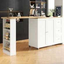 360° Rotating Bar Table With Snack Shelf, Extendable Kitchen Island (138-209cm) With 3 Drawers, L-Shaped High Dining Desk - White + MDF1 - View 4