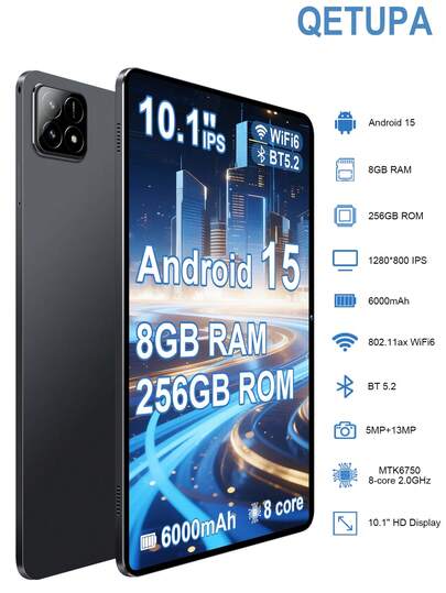 Qetupa 10.1英寸安卓15平板电脑，8GB内存+256GB存储空间（支持1TB扩展），MTK6750八核2.0GHz处理器，高清(1280x800) IPS触控屏，500万像素前置摄像头和1300万像素后置摄像头，6000mAh长效电池，支持802.11ax Wi-Fi 6、蓝牙5.2、GPS，Type-C充电接口，不支持SIM卡
