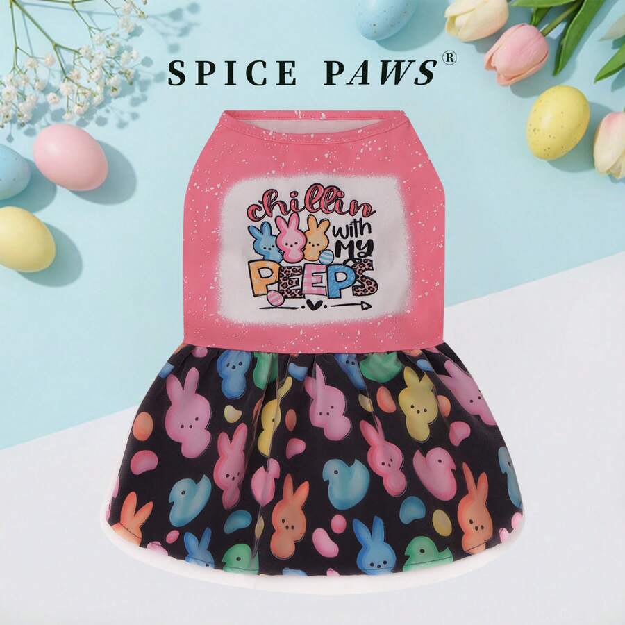 1pc Pet Dog Dress, Easter Pink Candy Bunny Print Pet Dress, Suitable For Small/Medium Dogs & Cats, Holiday Pet Costume, Easter Gift - Pink - View 1